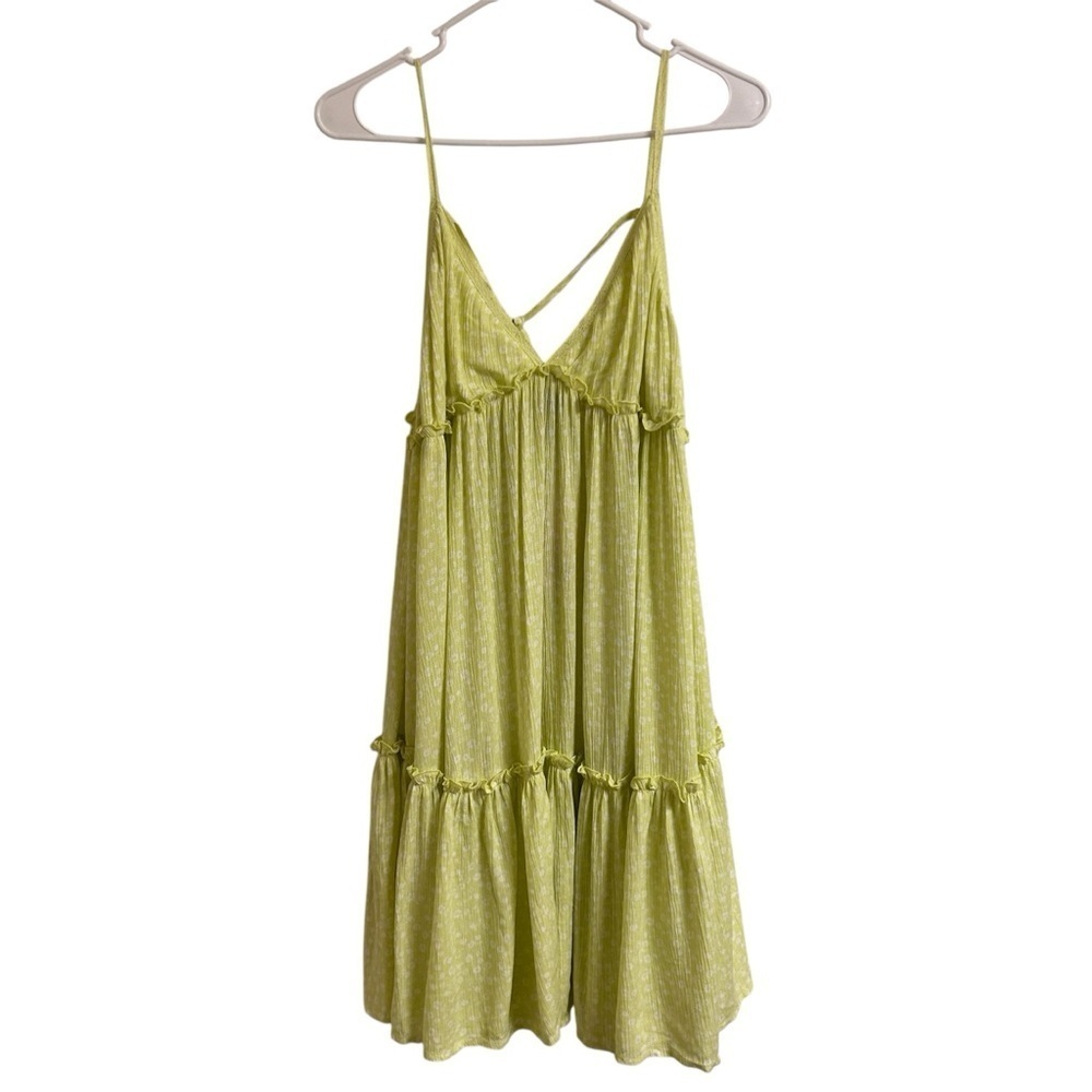Wild Fable Women Size XL Neon Yellow Ditsy Floral Tiered Ruffle Tie Swing Dress